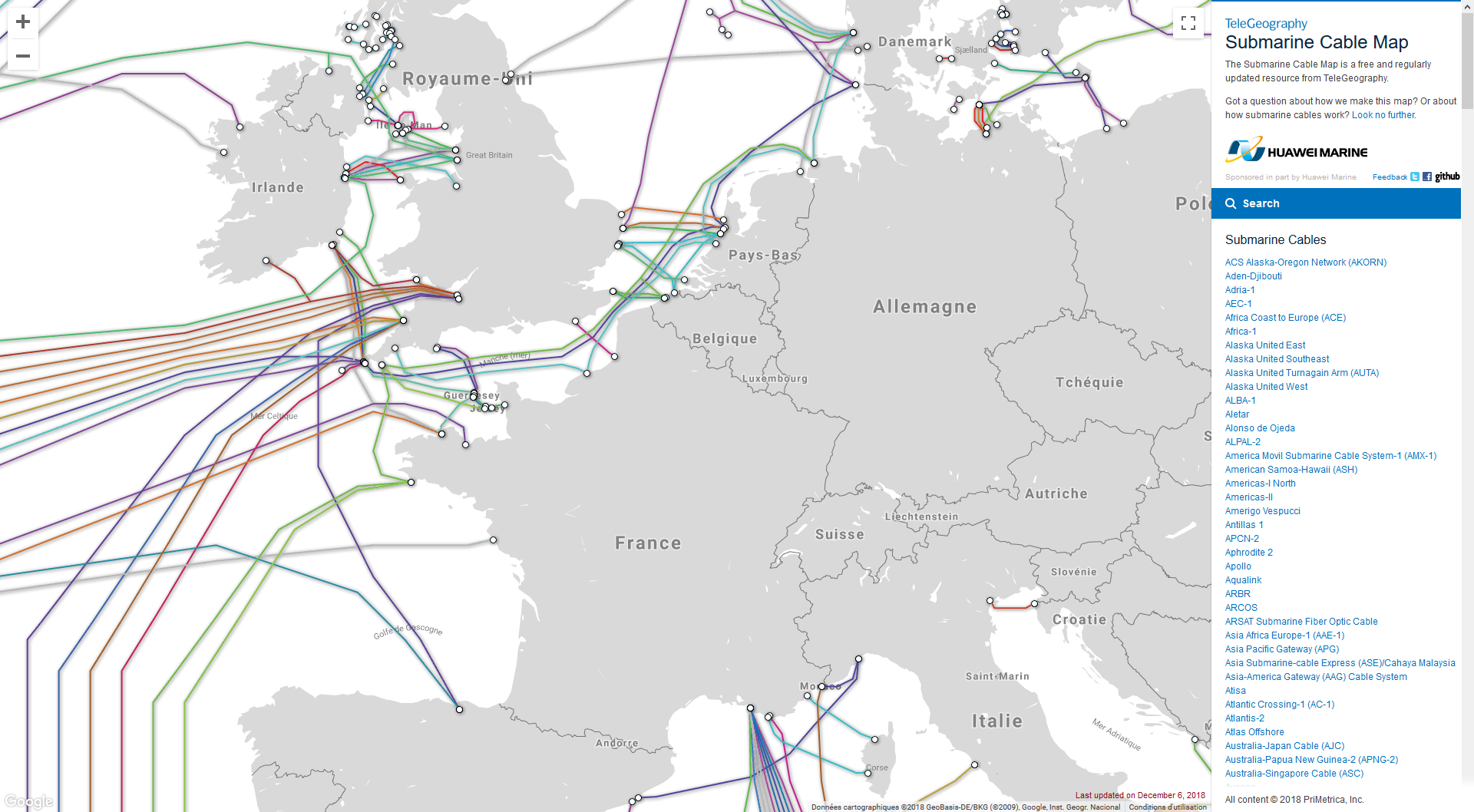 Carte câbles sous-marins réseau_internet France