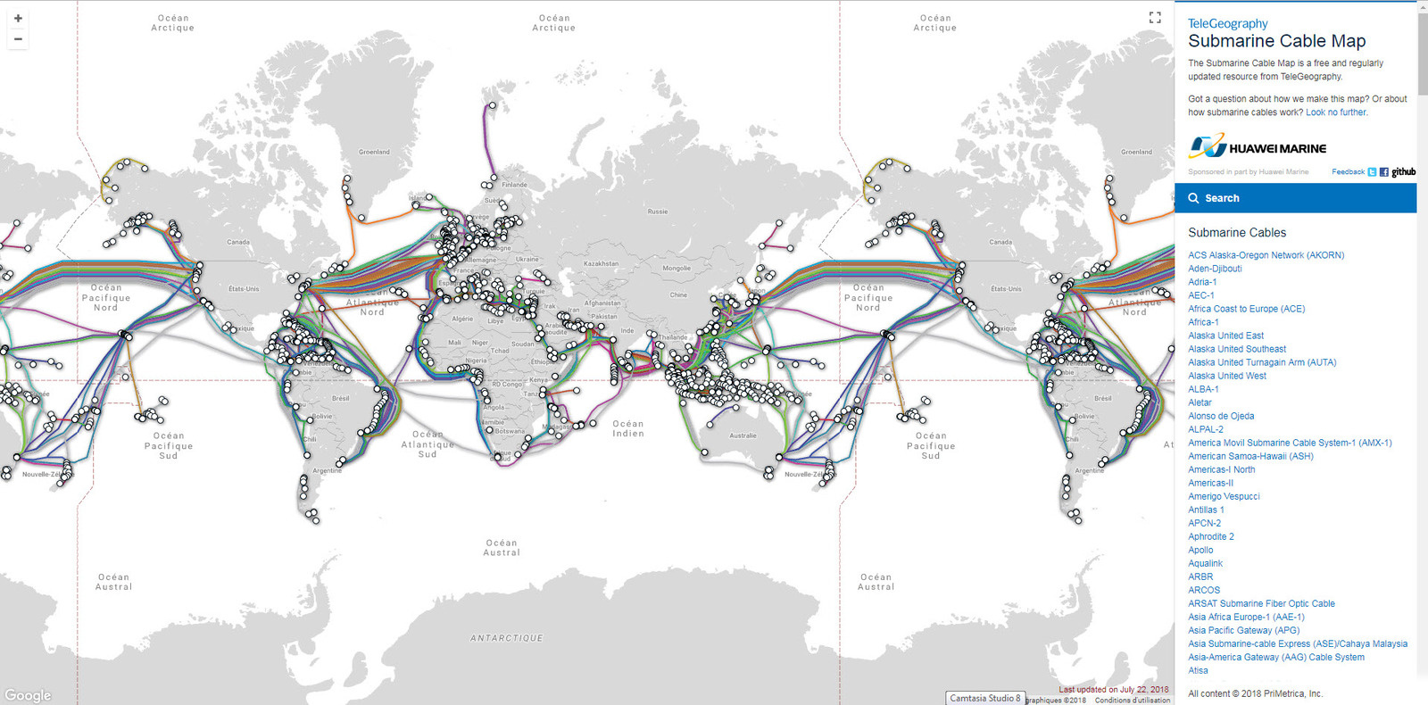 Carte câbles sous-marins réseau_internet Monde