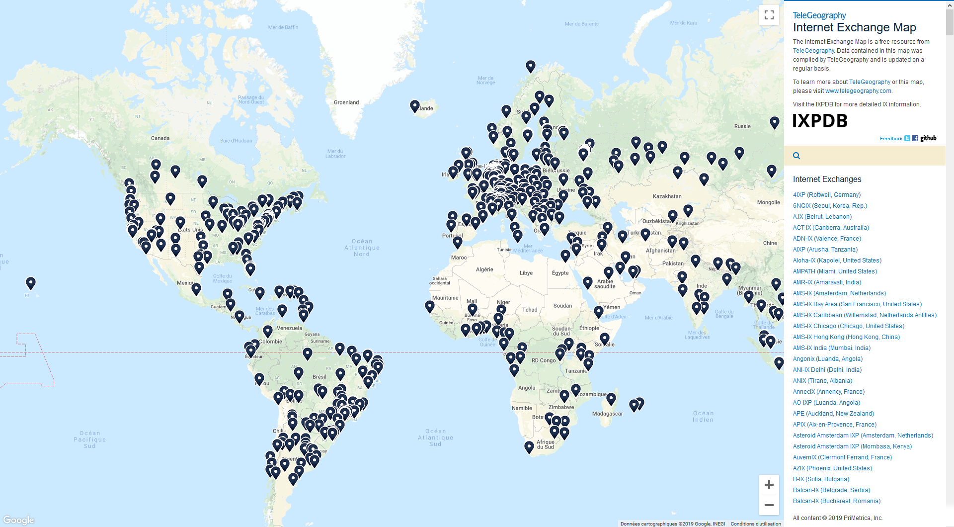 Eurafibre carte mondiale des points d'échange Internet GIX